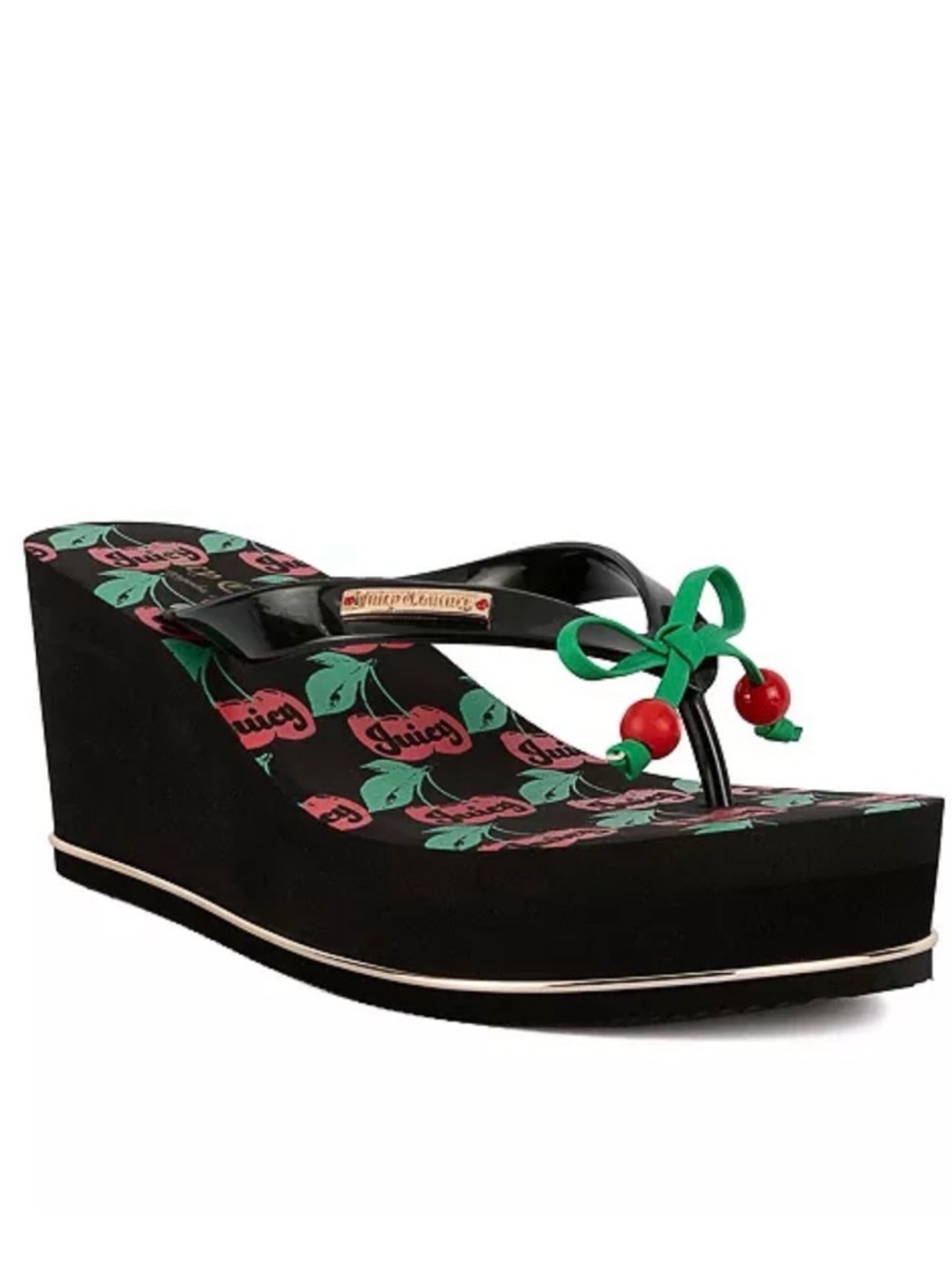 NWT Juicy Couture Black Wedge Flip Flops with Red Cherry Accents - Picture 3 of 6